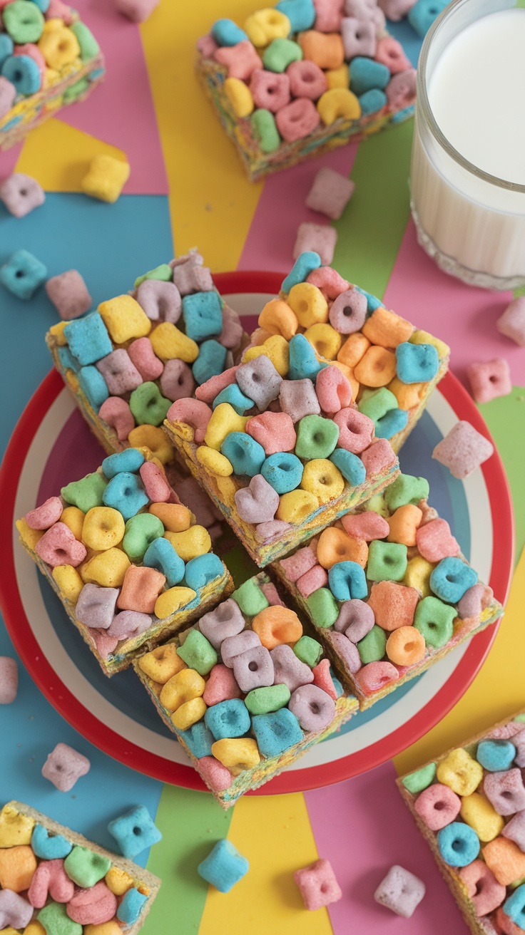 Chewy Lucky Charms Cereal Bars Recipe Chewy Lucky Charms cereal bars on a colorful plate with scattered cereal and a glass of milk.